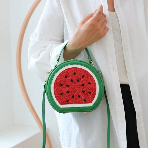 Green Cute Women's Street-Style Y2k Funny Watermelon Shaped Crossbody Bag - Picture 6 of 11